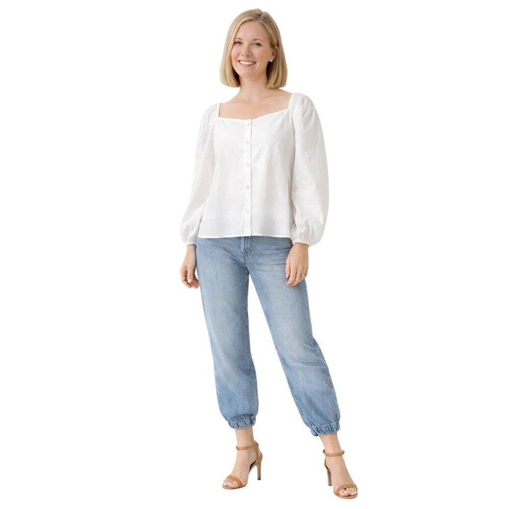 2/$30 White ZARA Puff Sleeve Cotton Blouse XL Chic Versatile Top